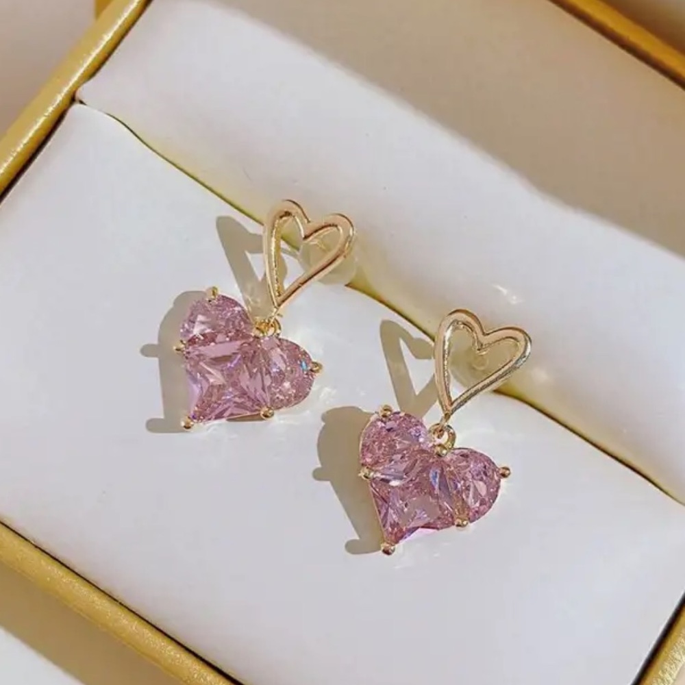 Gold Filled Pink CZ Heart Earrings